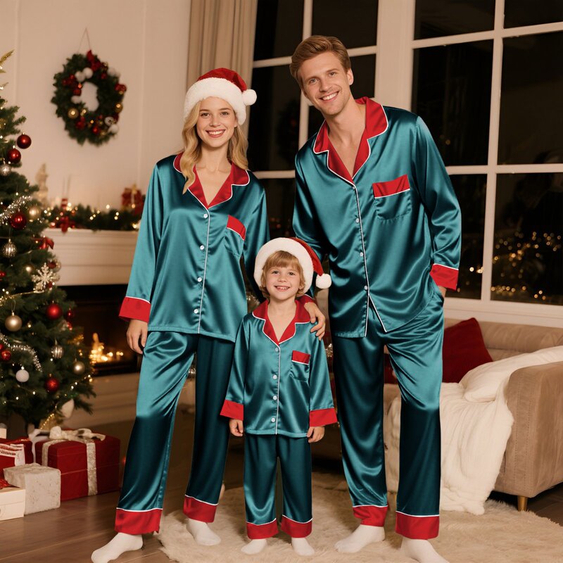 2025 Cross-Border Hot Spot Amazon Christmas Family Wear Imitation Silk Satin Glossy Pajamas Ice Silk Couple Wear