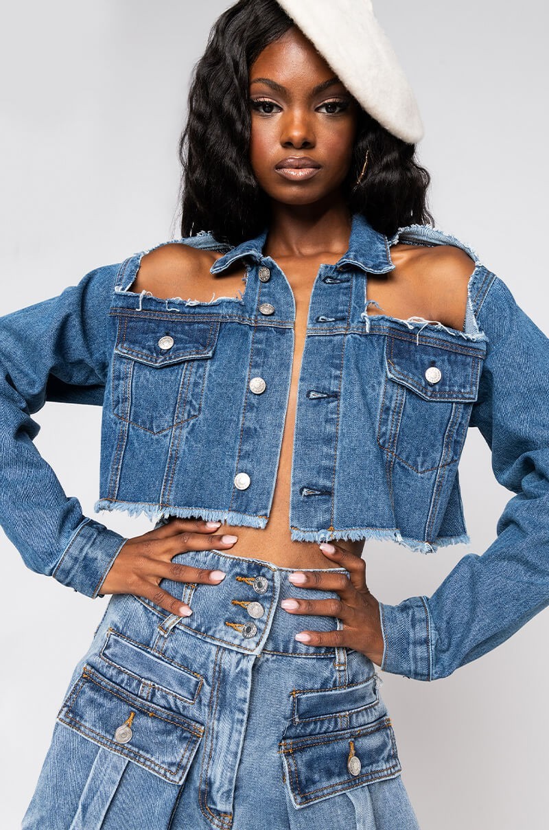 hole off-shoulder long sleeve slim short denim jacket NSQDH127077