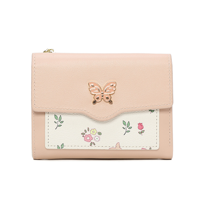 Cartera linda estudiante mujer corta nueva billetera de pajarita de punto PU tres carteras de alta gama plegables mujeres