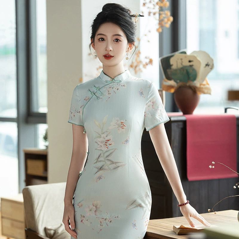 2025 новый весенний и летний подиум фото двухслойный шелк в китайском стиле ретро темперамент длинный темперамент стройный чонсам