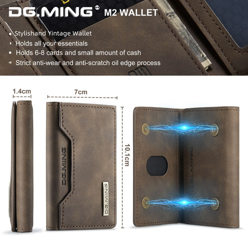 DG.MING Coffee Brown Tri-Fold Card Case, High-End Retro PU Leather Card Case with Multiple Functions, Magnetic Small Card Holder