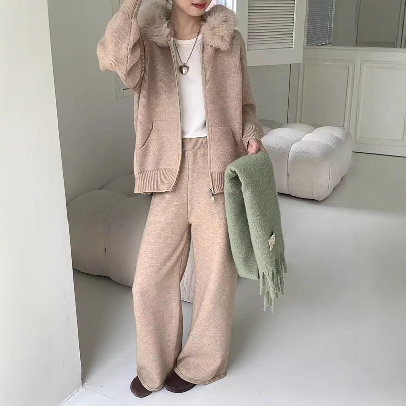 Autumn and Winter Matchinging Set of Women's Fur Collar Loose Hooded Knitted Cardigan Jacket High Waist Wide Leg Pants Two-Piece Suit