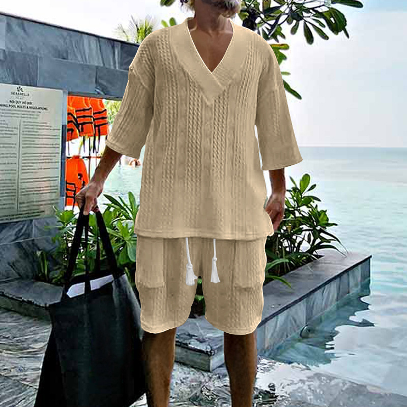 2024 independent station spring and summer new casual loose three-quarter sleeve jacquard sweater top shorts men suit