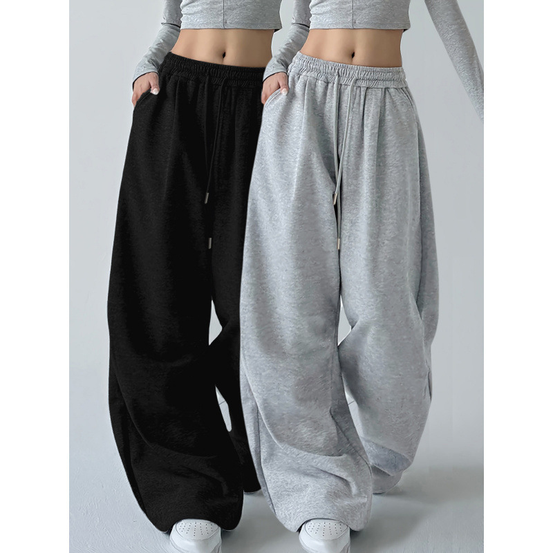 Women's Fleece-Lined Casual Sports Pants with Elastic Drawstring Waist, High Waist, Pockets, Loose Fit, Simple Wide-Leg Joggers