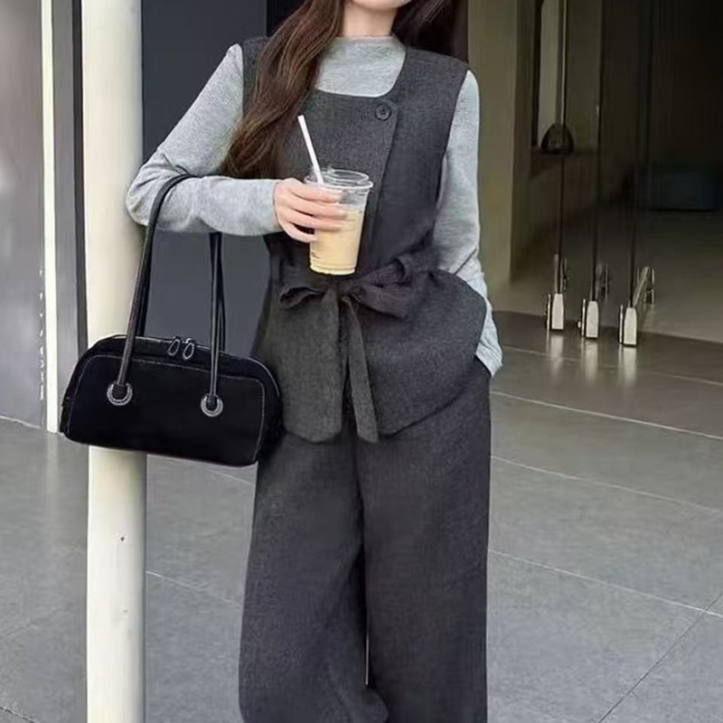 洋气简约风百搭时尚套装假两件优雅气质网红三件套灰色三件套其他|undefined