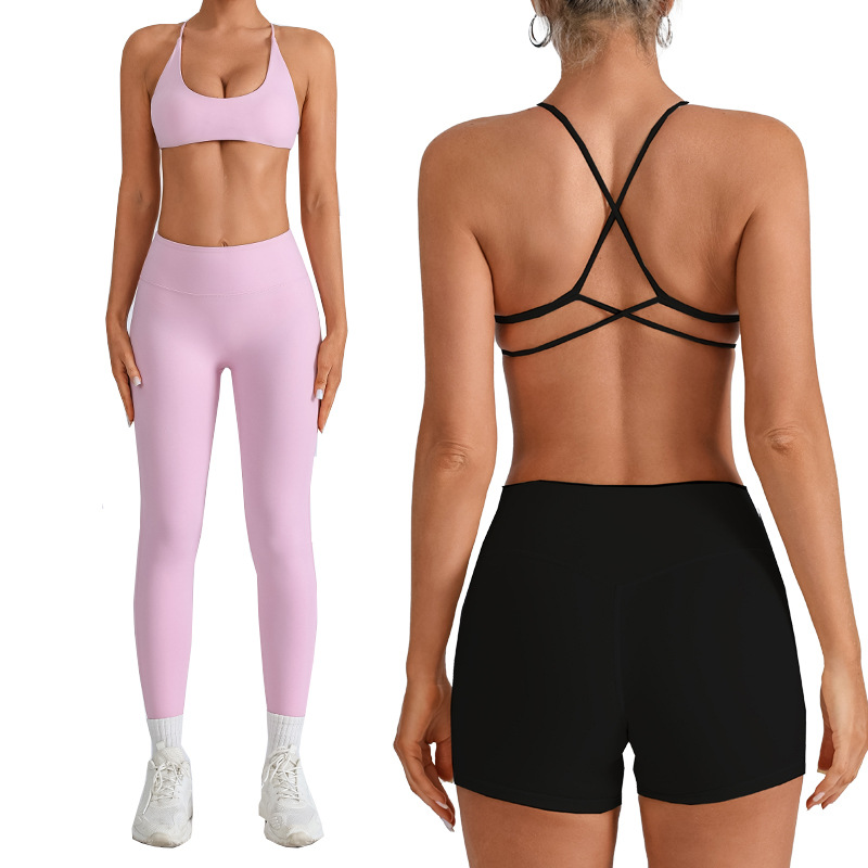 Traje de yoga europeo y americano transfronterizo, espalda hermosa con almohadilla para el pecho, sujetador con tirantes cruzados, pantalones deportivos de secado rápido de melocotón de cintura alta