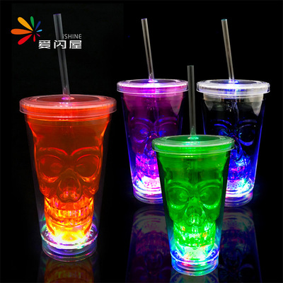 LED Colorful LED Cup Halloween originality Skull Cup double-deck fluorescence transparent Straw cup Colorful luminescence Water cup