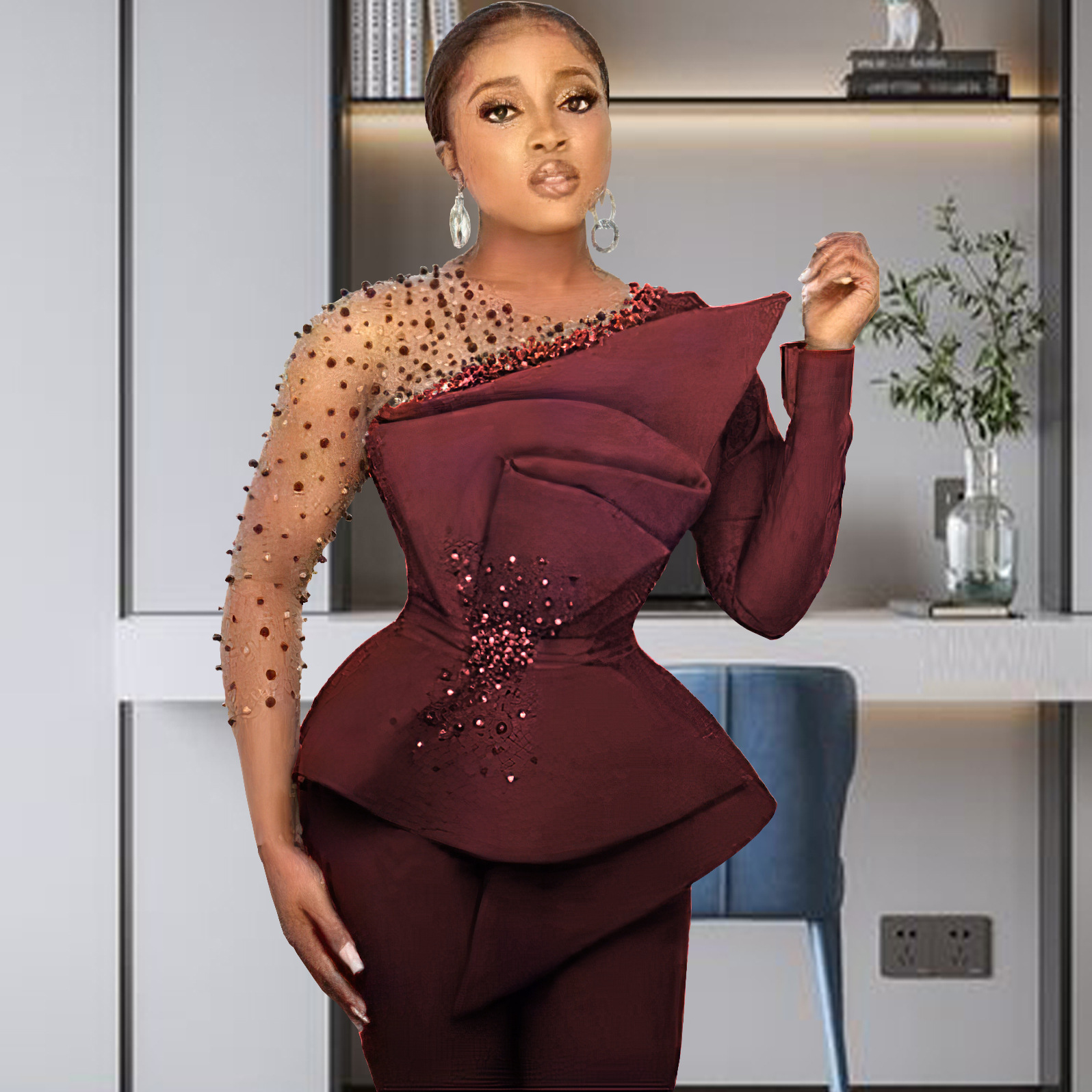 Completo pantalone donna taglie forti con dettagli in mesh e perle_voghion.com