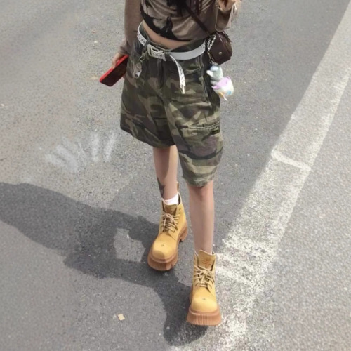 Vintage American Style Hot Girl Cowboy Camouflage Shorts for Women Summer Low-Waist Street-Rolling Straight Leg Military Green Work Pants Trendy