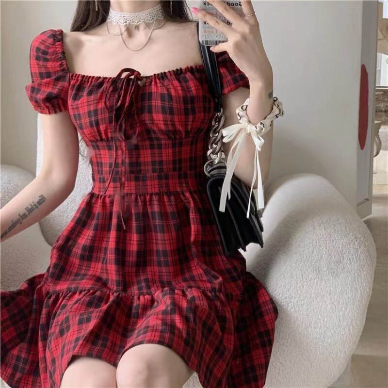 Red Plaid Dress Summer 2022 New Women's French Classic Puff Sleeve Sweet First Love Dress