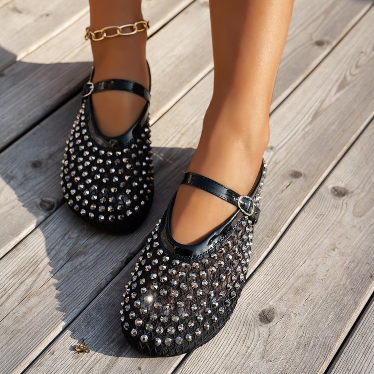 Cross-border European and American plus size 2025 Spring New Rivet Single Shoes Women's Full Diamond Belt Buckle Round Head Flat Ballet Slippers