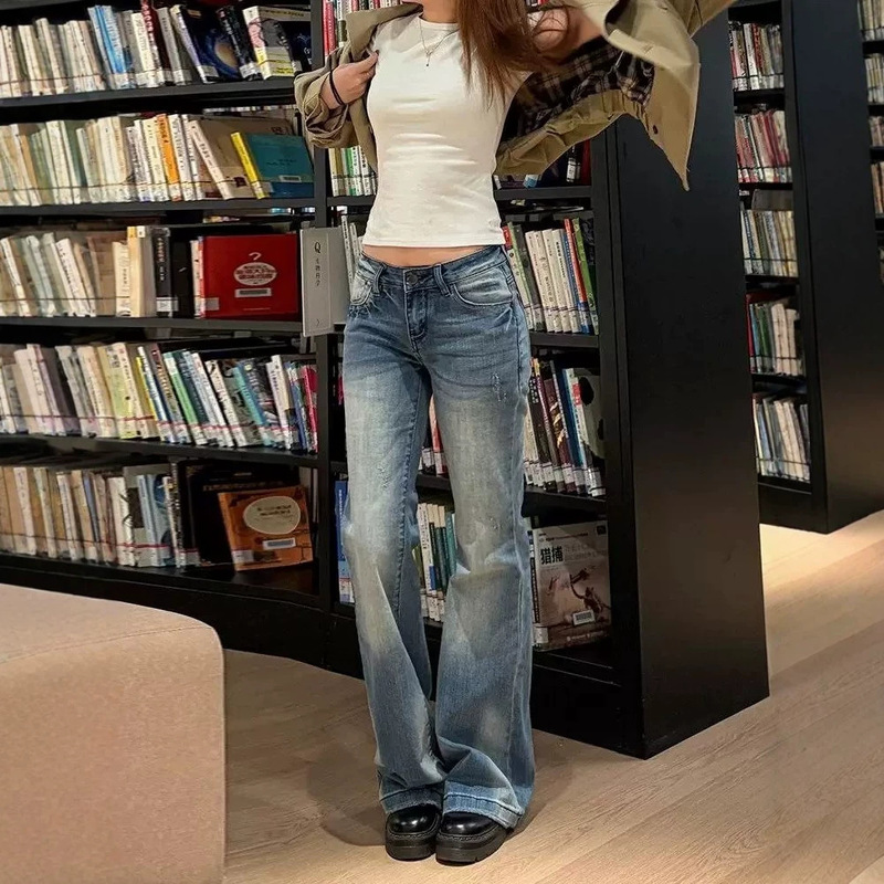Long Light Blue Flared Jeans for Tall Women, Spring/Summer Style, Low-Waisted, Slim-Fit, Flattering Design, Floor-Length Pants