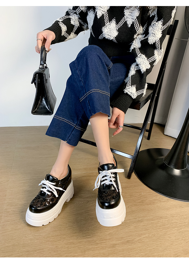 Giày sneaker nữ đế dày lưới thoáng khí, phối dây buộc phong cách loafer đế xuồng — Trắng 12cm, Trắng 15cm, Đen 12cm, Đen 15cm chi tiết 11
