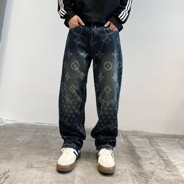 All-Over Printed Jacquard Jeans for Men in Autum American Retro High Street Straight Loose Wide-Leg Trendy Brand Handsome Street Pants