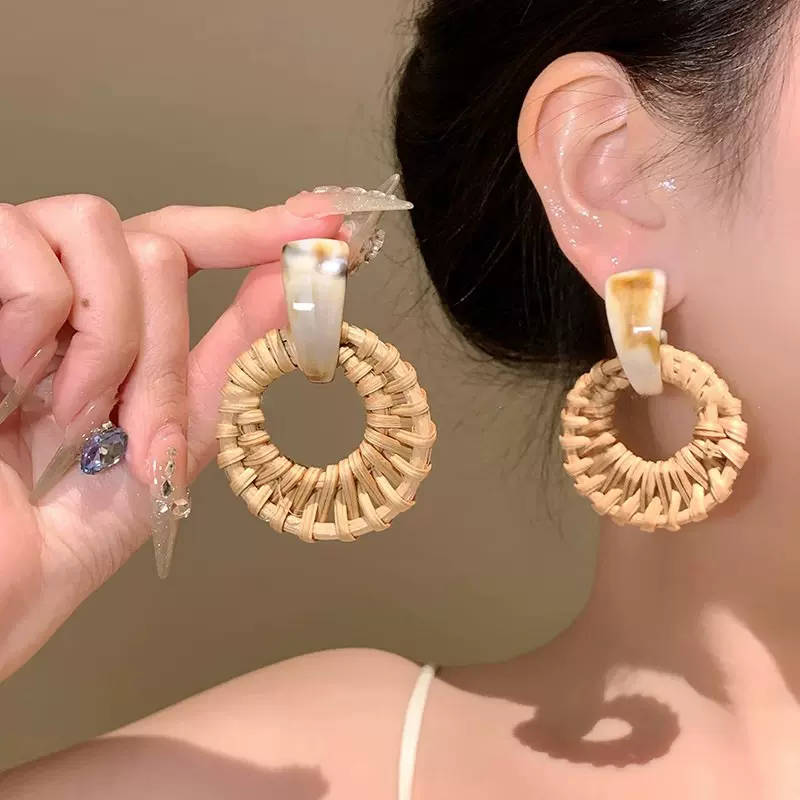银针树脂珠子藤编圆形吊坠耳环波西米亚度假风耳坠小众设计感耳饰