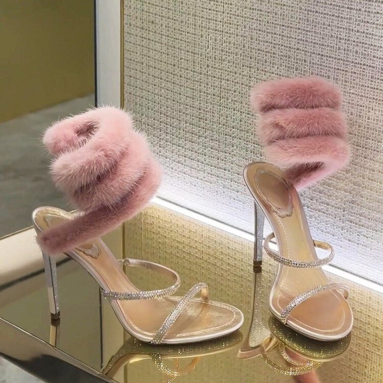 Rc High Heels Pink Furry Snake-Shaped Rhinestone-Wrapped Furry Stiletto Sandals Wedding Shoes Bridesmaid Shoes Large Size Shoes