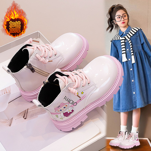 Girls 'Martin boots for autumn and winter with velvet to keep warm, new fashion leather boots for middle and large children, cartoon all-matching soft sole leather boots