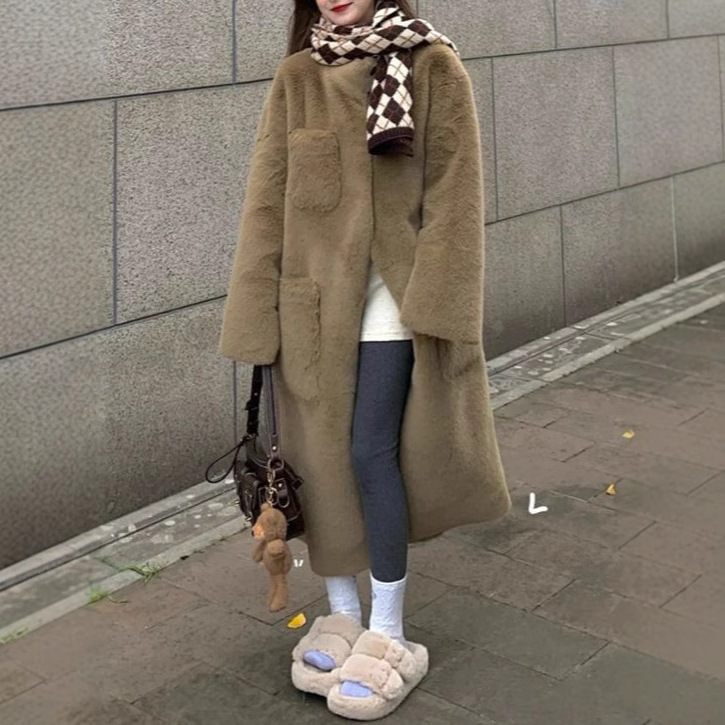 친환경 모피 겨울 모피 원피스 중장 두꺼운 밍크 양털 무릎 위로 게으른 바람 마오 마오 코트