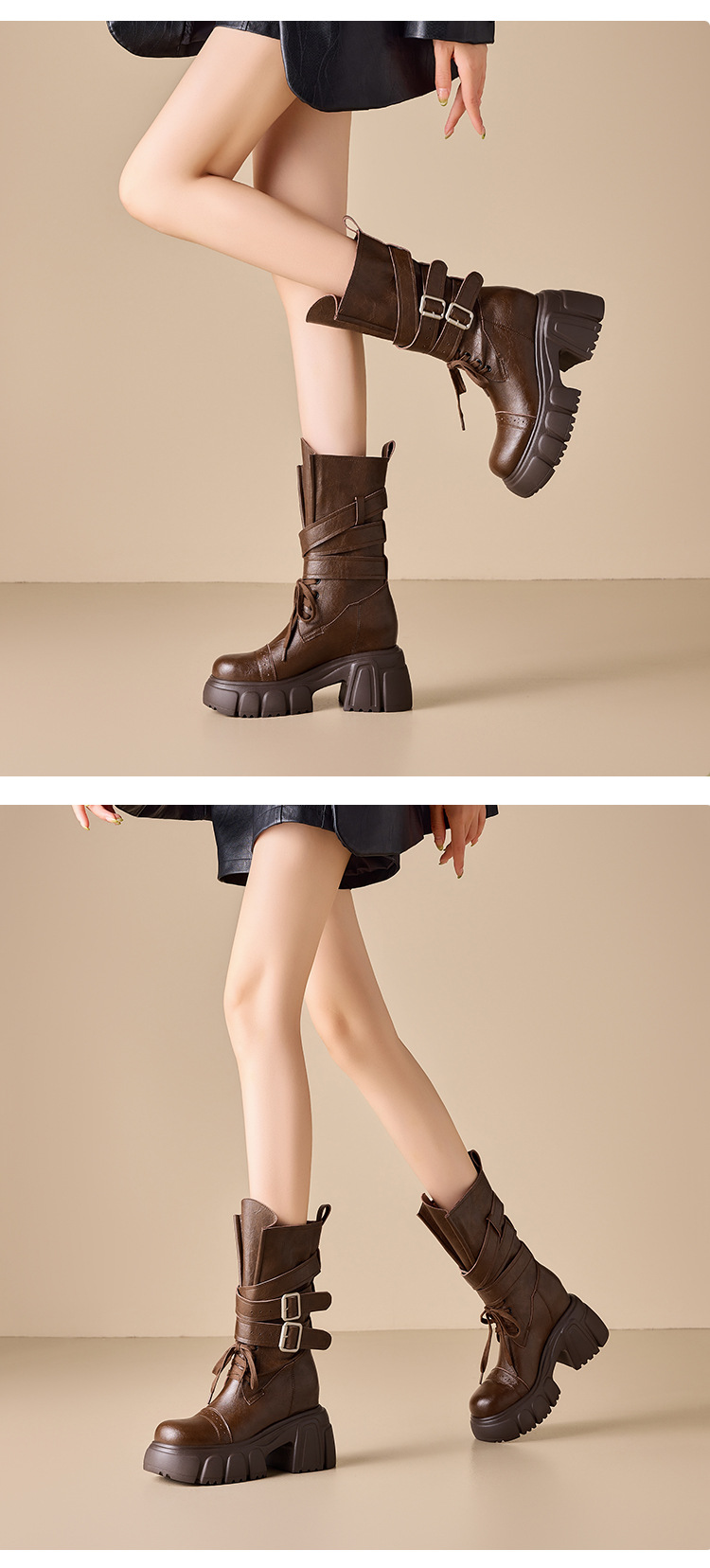 Boot nữ cổ cao ôm bắp chân đế dày 10 cm phong cách phương Tây cổ điển — Lớp lót nhung đen chi tiết 3