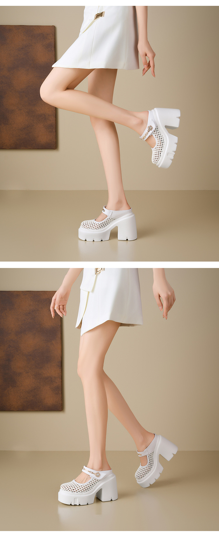 Sandal bít mũi đế dày 12cm tăng chiều cao, dệt lưới rỗng, dép lê cao gót Muller — Màu đen, Màu vàng nhạt, Màu trắng chi tiết 13