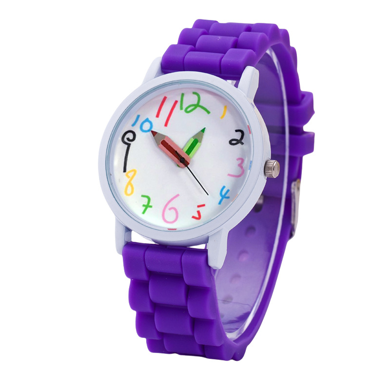 Cartoon Digital Pencil Student Women's Cute Jelly Color Silicone Band Quartz Watch_voghion.com
