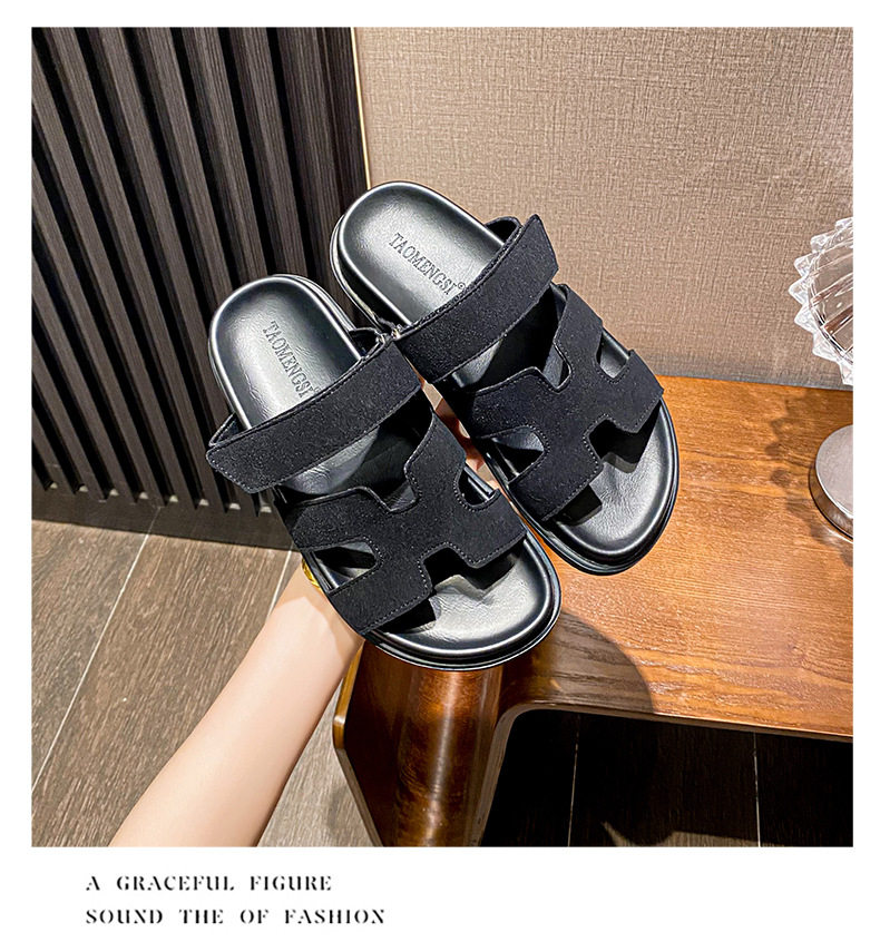 Dép sandal nữ quai ngang xỏ ngón đế dày, khóa dán tiện lợi, đi ngoài mùa hè — Màu trắng, Màu đen, Xanh denim phối nâu, Xanh mực ghép Hồng chi tiết 17