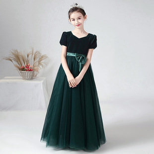 Girls' High-end Dress Velvet Mesh Dress Dark Green Middle and Big Children's Piano Playing Dress Violin Playing Group