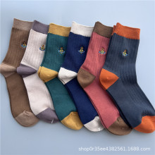 日单西太后袜子土星刺绣中筒双针拼色女袜四季精梳棉女士堆堆袜批