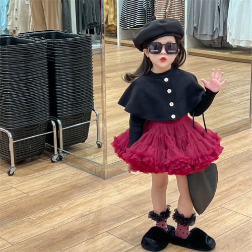  Autumn European and American Style Girls' Dress Princess Black Cape Sweater + Tutu Skirt Two-piece Set, Sold Separately