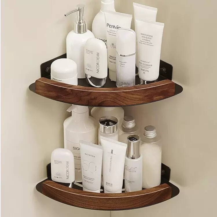 胡桃木枪灰浴室卫生间置物架免打孔洗手间厕所沐浴露收纳三角架子