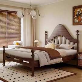 法式中古风实木床主卧1.8米双人床白蜡木小户型家用落地小提琴床