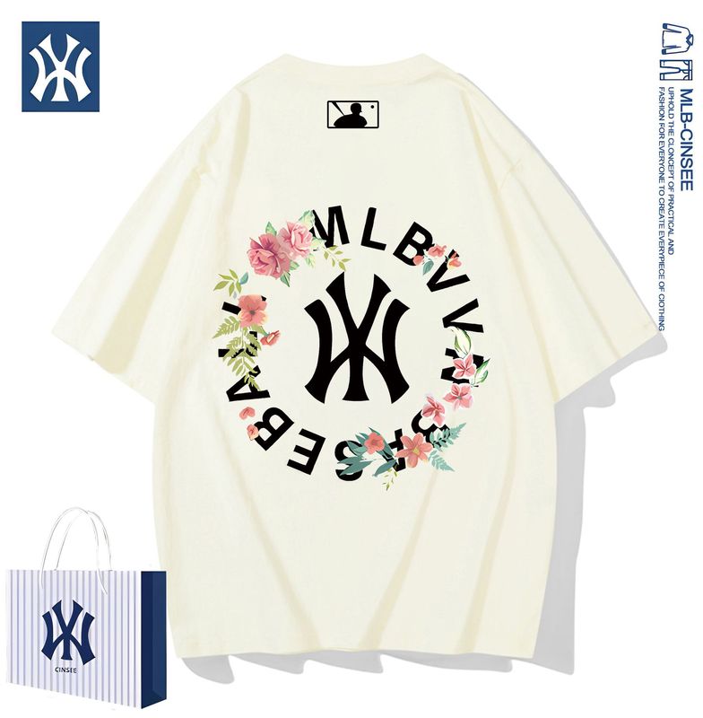 Mlb & ny2025夏の重ポンド純綿カップルのショートファッション百合tシャツ男性潮牌軽豪華半袖上着|undefined