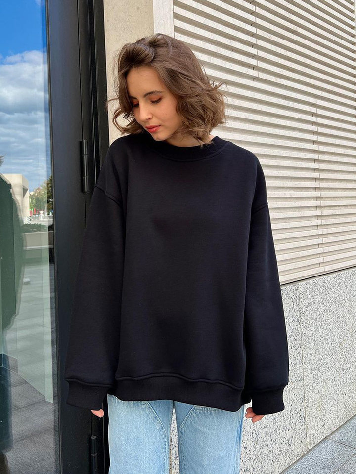 Áo sweatshirt nữ cổ tròn dáng rộng oversize tay dài chất liệu nỉ lông — Hoa màu xám, Màu cà phê, Màu trắng, Xanh navy chi tiết 11