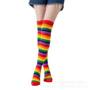 Factory wholesale seven rainbow knee-high stockings ladies Halloween dress performance dance striped four seasons universal socks