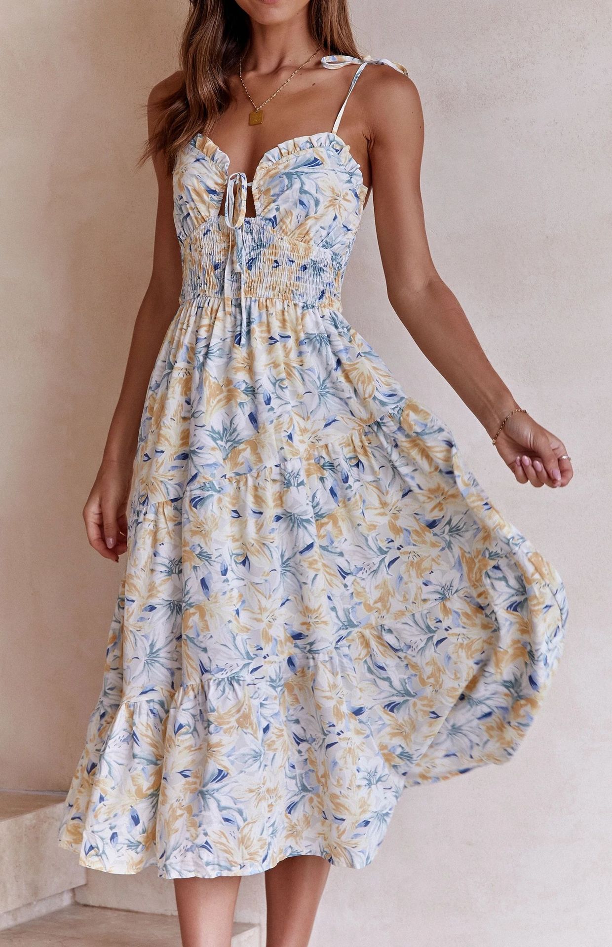 summer floral print low-cut lace-up sling dress  NSCXY120960