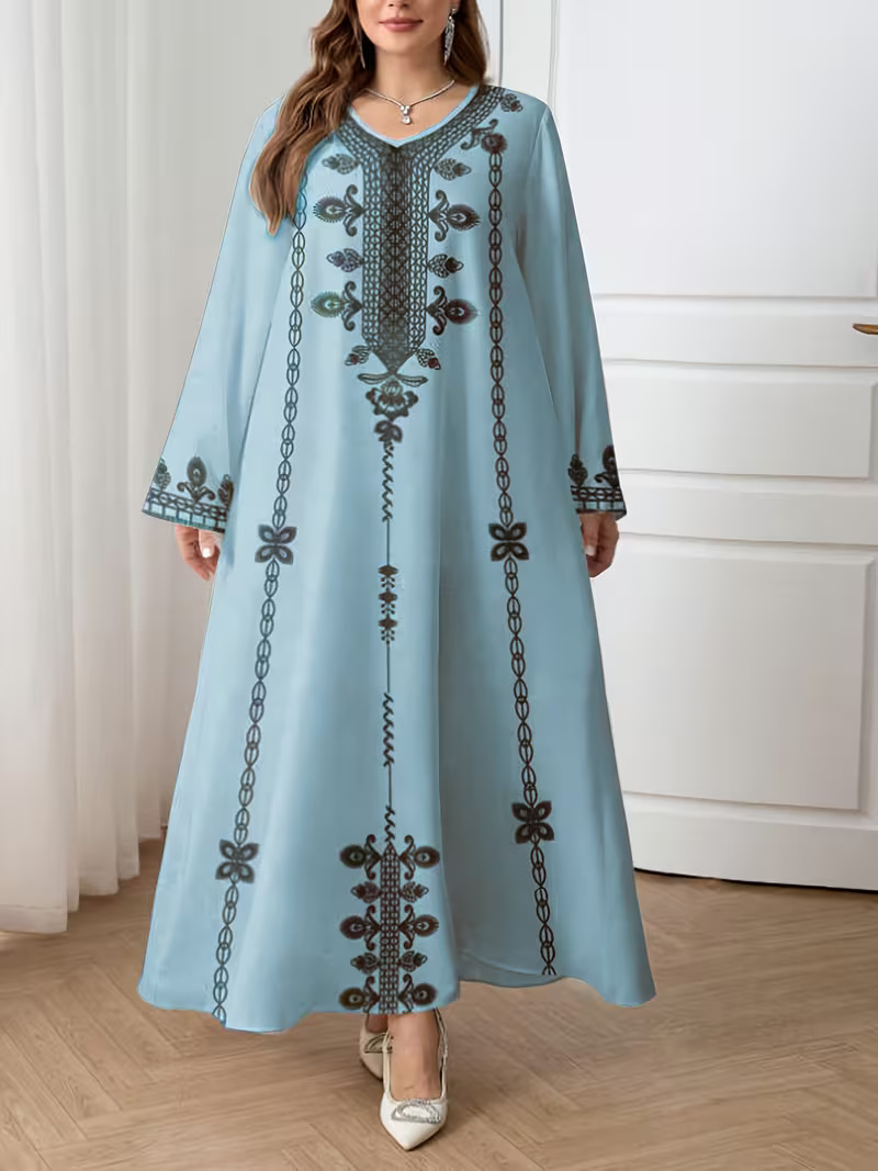 Middle Eastern Cross-border Muslim Women's V-neck Printed Loose Elegant Robe Ethnic Style Long-sleeved Dress Custom-made_ecoleips.com