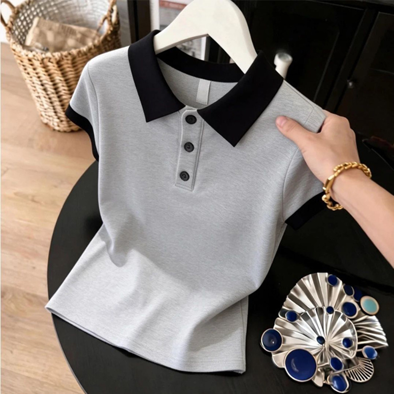 Polo Collar Short-Sleeved T-Shirt for Women 2026 New Summer Fashion for Moms, Pure Cotton Versatile Turn-Down Collar Color-Blocking Slimming Top