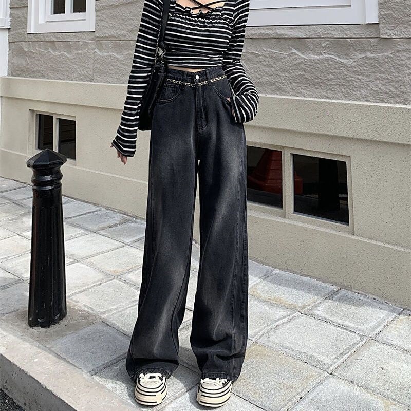 High-Waisted Black Floor-Length Jeans for Women in Spring and Autumn, Slim, Loose, Straight, Wide-Legged, Pear-Shaped, Tall and Versatile Trousers