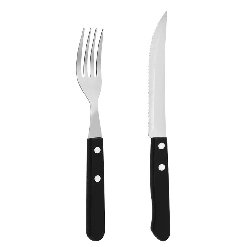 Set de dos piezas con mango de madera negro (cuchillo de filete + tenedor)