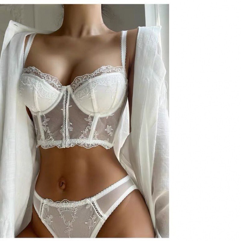 French Retro Half Cup Embroidered Lace Long Bra suit Sexy Body Shaping Push-up Vest Style Underwear