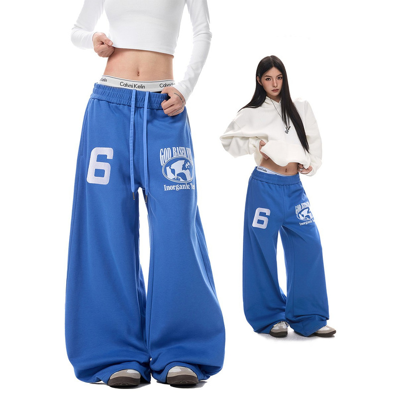 Street Style Retro Blue Casual Sweatpants for Women and Men, New Spring Model, Simple Printed Scimitar Pants, Lazy and Versatile Wide-Leg Pants