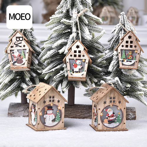 Christmas Gift Wooden Glowing Cottage Christmas Tree Pendant Children's Handmade DIY Gift Window Display Decoration