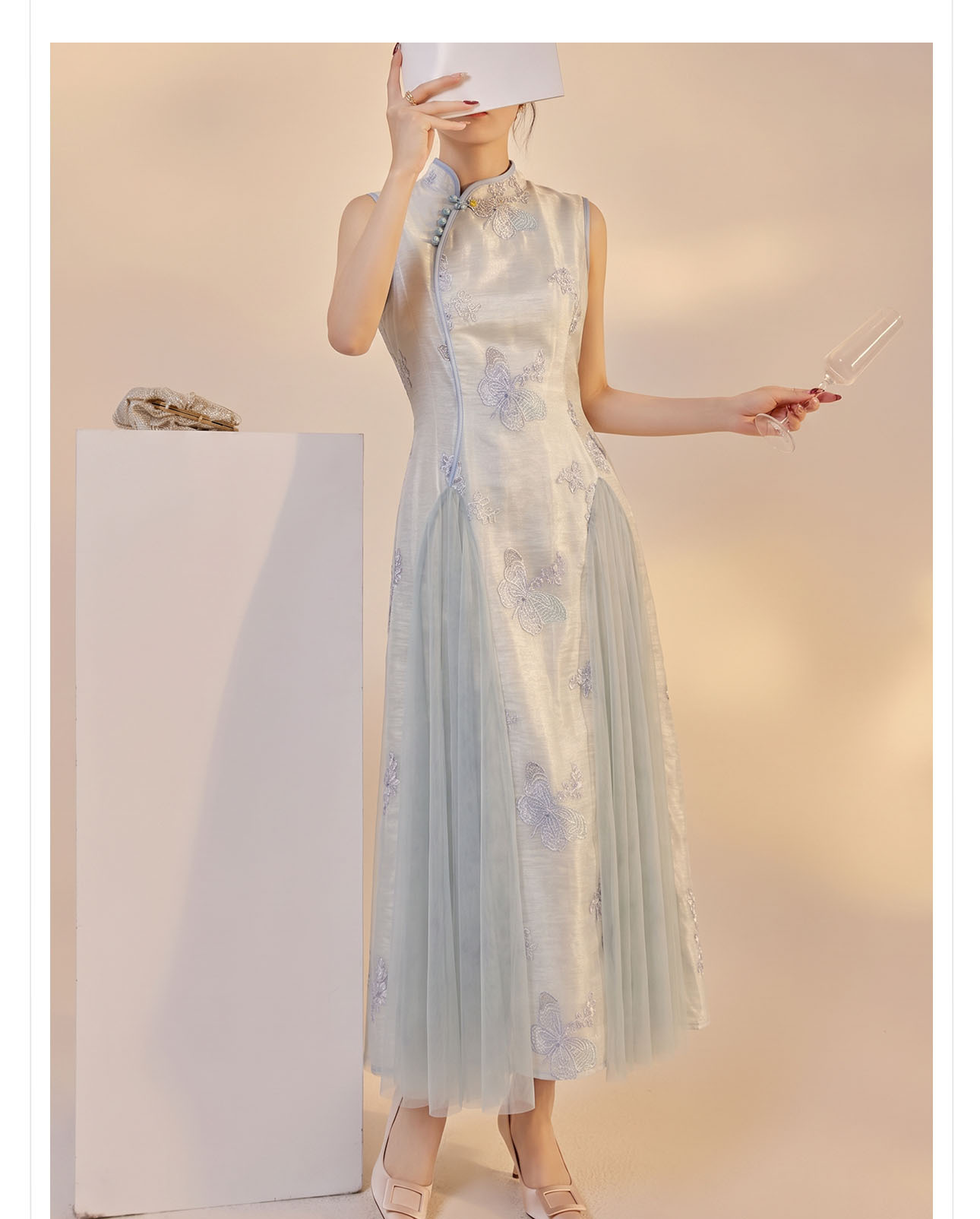 Váy dài không tay nữ tính dáng maxi — màu xanh nhạt chi tiết 9