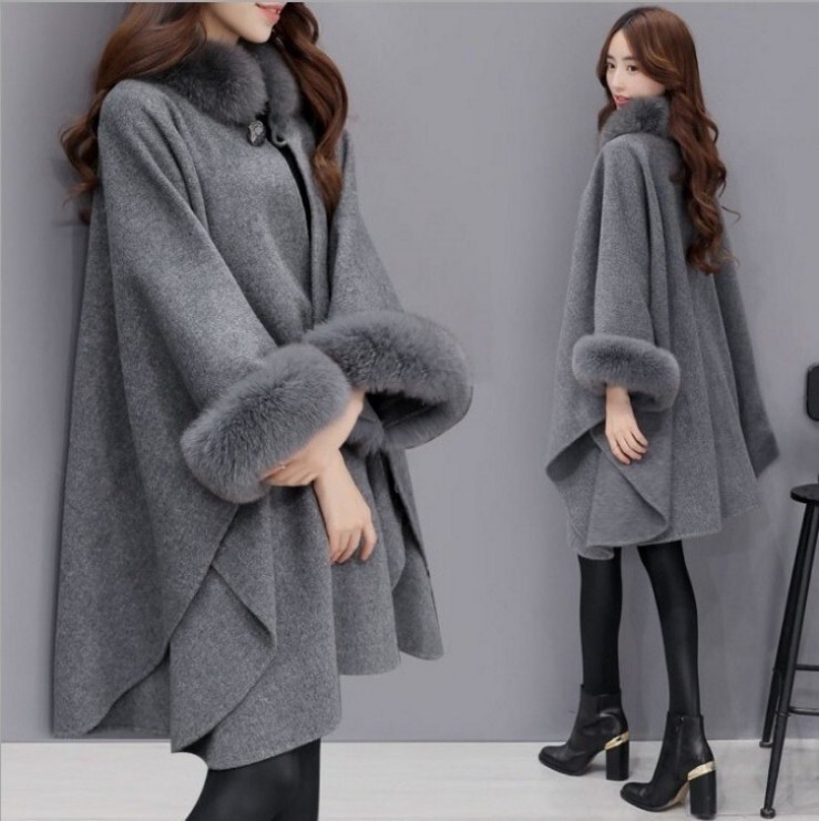 Autumn and Winter Big Rabbit Fur Collar Mid-length Woolen Coat Elegant Cape Cape Hepburn Style Woolen plus size Coat for Women