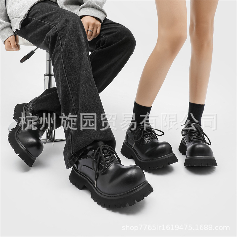 3591 발목 더비 신발 두꺼운 밑창 남녀 틈새 커플 캐주얼 가죽 신발 가죽 기능성 하이 스트리트 블랙 신발