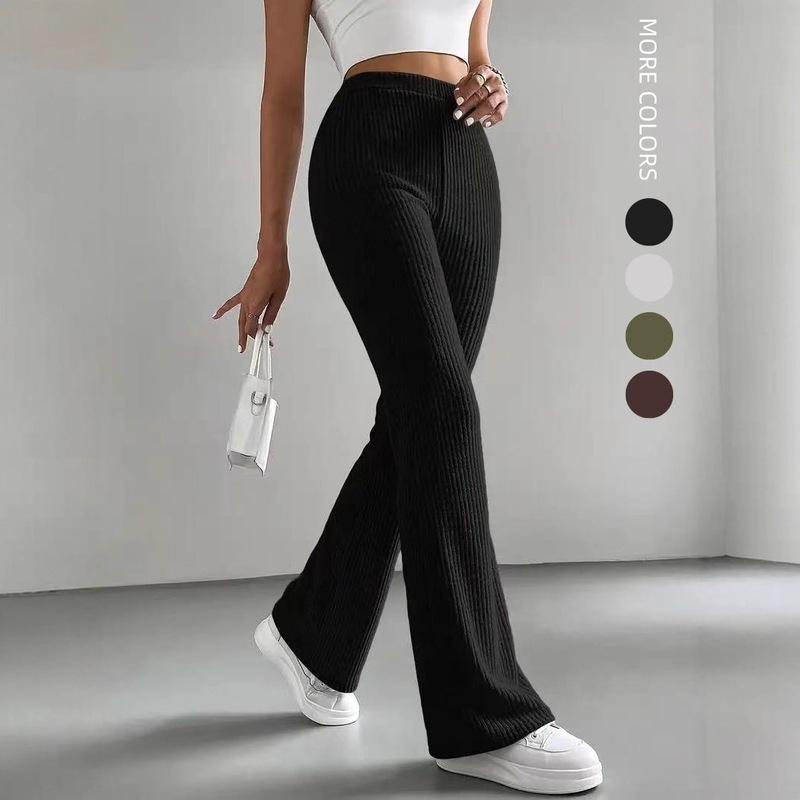 2025 Cross-Border Spring and Autumn New Flared Pants Women's Solid Color Casual Pants Ribbed Knit Fashion Versatile Slim-Fit Long Pants
