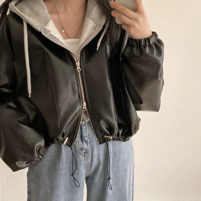 Куртка в корейском стиле, осенняя на молнии с кулиской, one size, бежевый или чёрный