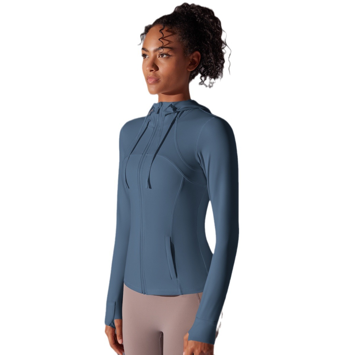 Nuevo bolsillo con cremallera de nylon de doble cara chaqueta deportiva encapuchada para correr y ejercicios yoga chaqueta de manga larga para mujeres