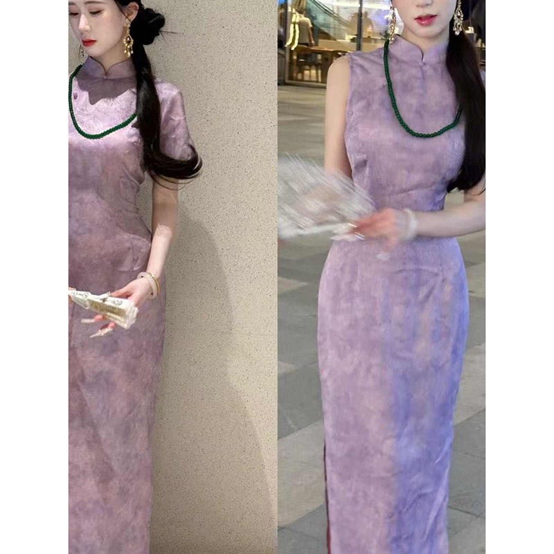 絵画の女性の中国風の両面カラーパープル中国風チャイナドレス紫の花|undefined