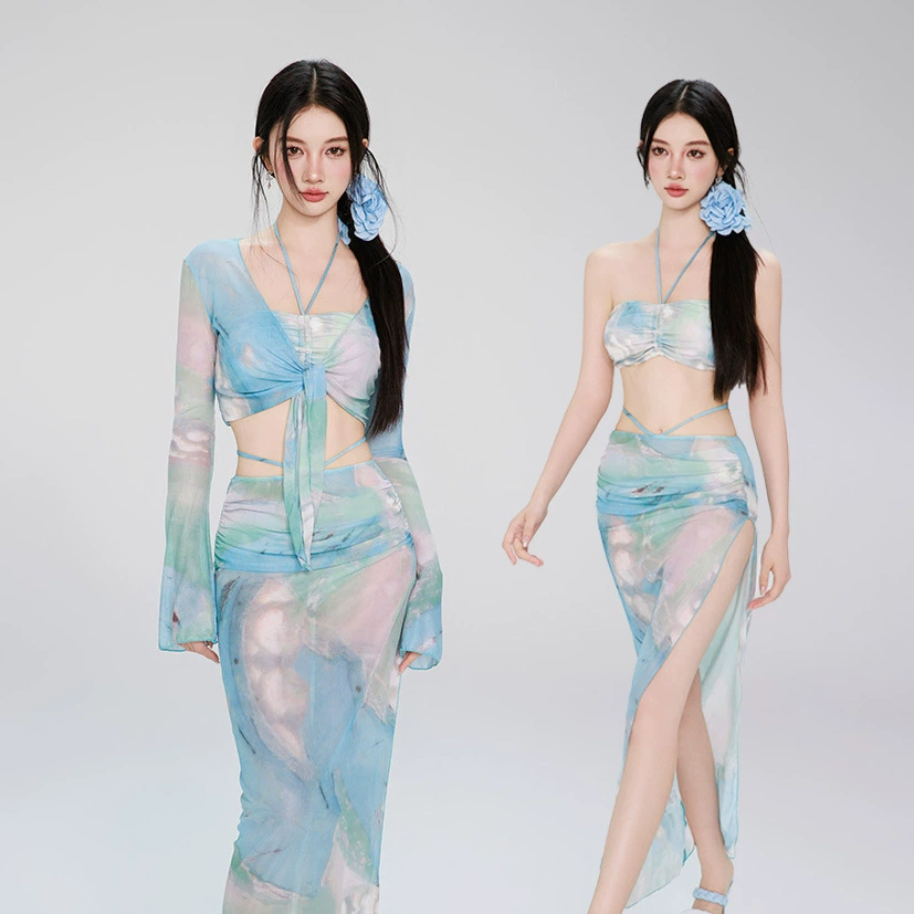 Разделенные купальные костюмы женские четыре комплекта тонкая и покрытая живот, ветер сексуальный горячий источник консервативный 2025 новый купальный костюм